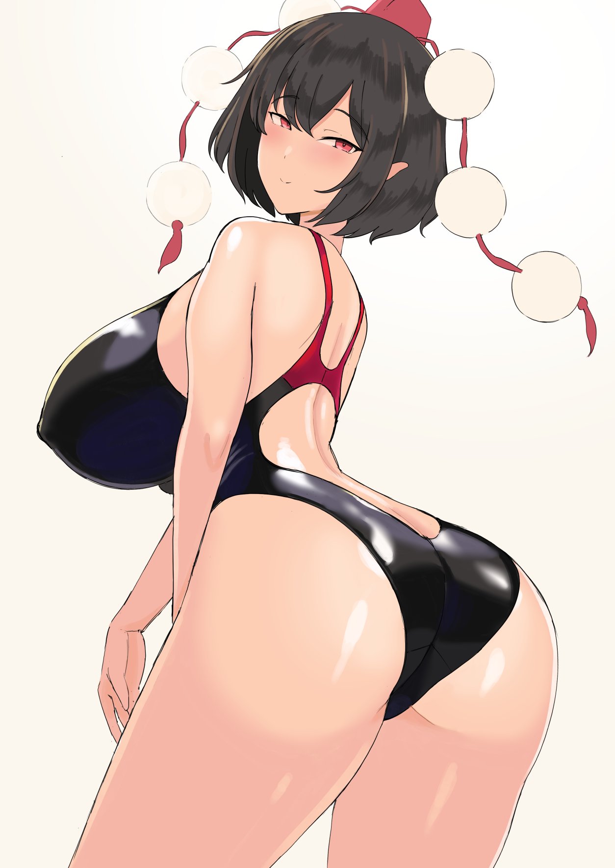 1girl anda_inmu ass black_hair blush breasts contrapposto cowboy_shot from_behind hat highres huge_breasts looking_at_viewer looking_back one-piece_swimsuit pointy_ears pom_pom_(clothes) red_eyes shameimaru_aya short_hair simple_background smile solo swimsuit tokin_hat touhou white_background