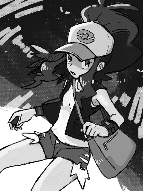 1girl antenna_hair bag baseball_cap eyelashes greyscale hat high_ponytail hilda_(pokemon) holding holding_poke_ball kokesa_kerokero long_hair looking_to_the_side monochrome parted_lips poke_ball pokemon pokemon_(game) pokemon_bw shirt short_shorts shorts shoulder_bag sidelocks solo tank_top vest wristband