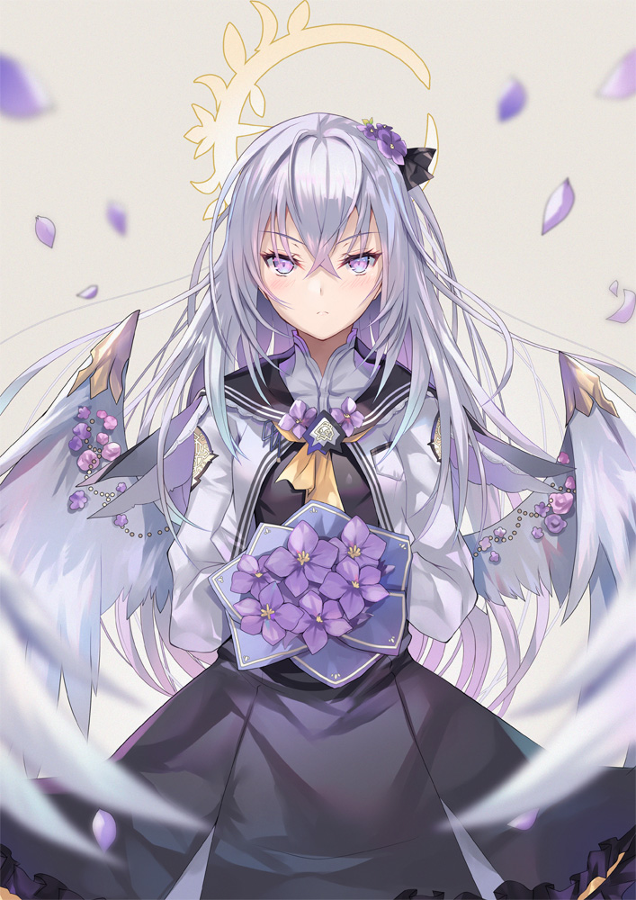 1girl azusa_(blue_archive) blue_archive blush commentary_request flower grey_background hair_between_eyes hair_flower hair_ornament halo hinot long_hair looking_at_viewer school_uniform simple_background solo violet_eyes wings