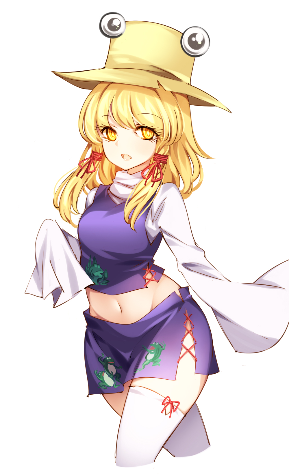 1girl animal_print bangs blonde_hair frog frog_hair_ornament frog_print hair_ornament hat highres long_sleeves medium_hair moriya_suwako onbashira parted_bangs purple_skirt purple_vest raptor7 rope shimenawa shirt short_hair skirt sleeves_past_wrists thigh-highs touhou turtleneck vest white_legwear white_shirt wide_sleeves yellow_eyes