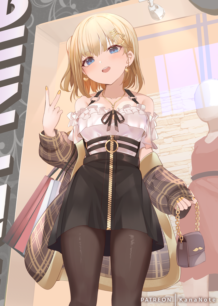 1girl bag bangs bare_shoulders black_legwear black_skirt blonde_hair blue_eyes blush breasts collarbone commentary_request earrings eyebrows_visible_through_hair hair_ornament hairclip hand_up hololive hololive_english jewelry kananote looking_at_viewer nail_polish off_shoulder open_mouth pantyhose skirt smile solo virtual_youtuber watson_amelia