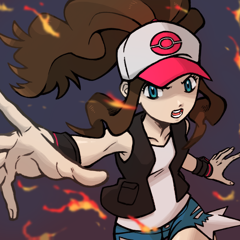 1girl aqua_eyes baseball_cap blue_shorts brown_hair collarbone eyelashes fire floating_hair hat high_ponytail hilda_(pokemon) kokesa_kerokero long_hair open_clothes open_vest pink_headwear pokemon pokemon_(game) pokemon_bw shirt short_shorts shorts sidelocks sleeveless sleeveless_shirt solo two-tone_headwear vest white_shirt wristband