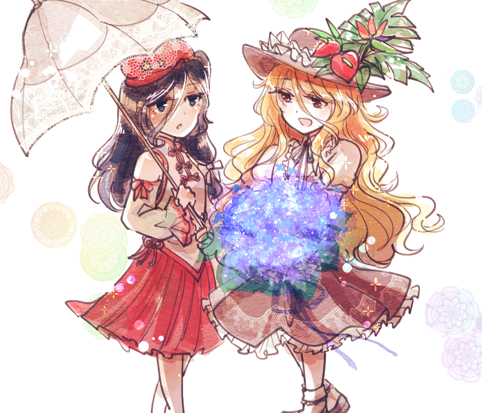 2girls blue_eyes bow brown_eyes brown_headwear brown_vest cabbie_hat detached_sleeves flat_cap flower frilled_hat frills hat hat_feather holding holding_flower holding_umbrella jacket_girl_(dipp) label_girl_(dipp) long_hair multiple_girls open_mouth owannu purple_hair red_skirt simple_background skirt touhou umbrella very_long_hair vest wavy_hair white_bow white_vest