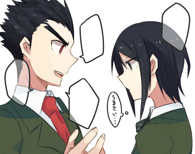 1boy 1girl aoki_shizumi bangs black_hair collared_shirt commentary_request dangan_ronpa:_trigger_happy_havoc dangan_ronpa_(series) freckles from_side green_jacket hand_up ikusaba_mukuro ishimaru_kiyotaka jacket looking_at_another necktie open_mouth red_neckwear shirt short_hair simple_background speech_bubble spiky_hair translation_request upper_teeth v-shaped_eyebrows white_shirt
