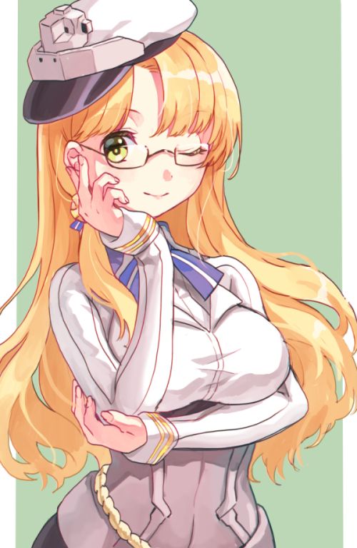 1girl blonde_hair blue_neckwear breasts glasses green_eyes hand_on_own_chin hat kantai_collection long_hair long_sleeves medium_breasts military military_uniform mitsuyo_(mituyo324) northampton_(kancolle) one_eye_closed simple_background smile solo two-tone_background uniform upper_body white_headwear