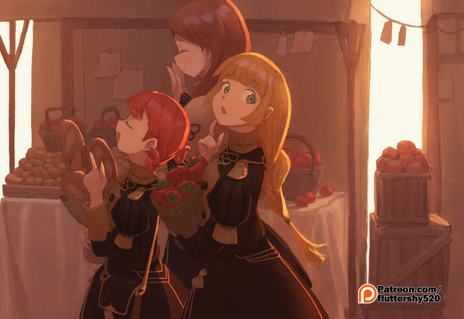 3girls annette_fantine_dominic bag basket blonde_hair braid bread brown_hair closed_eyes closed_mouth commentary english_commentary eyebrows_visible_through_hair finger_to_own_chin fire_emblem fire_emblem:_three_houses food garreg_mach_monastery_uniform green_eyes green_little holding ingrid_brandl_galatea laughing long_hair long_sleeves mercedes_von_martritz multiple_girls open_mouth orange_hair patreon_username shopping shopping_bag short_hair smile tomato uniform