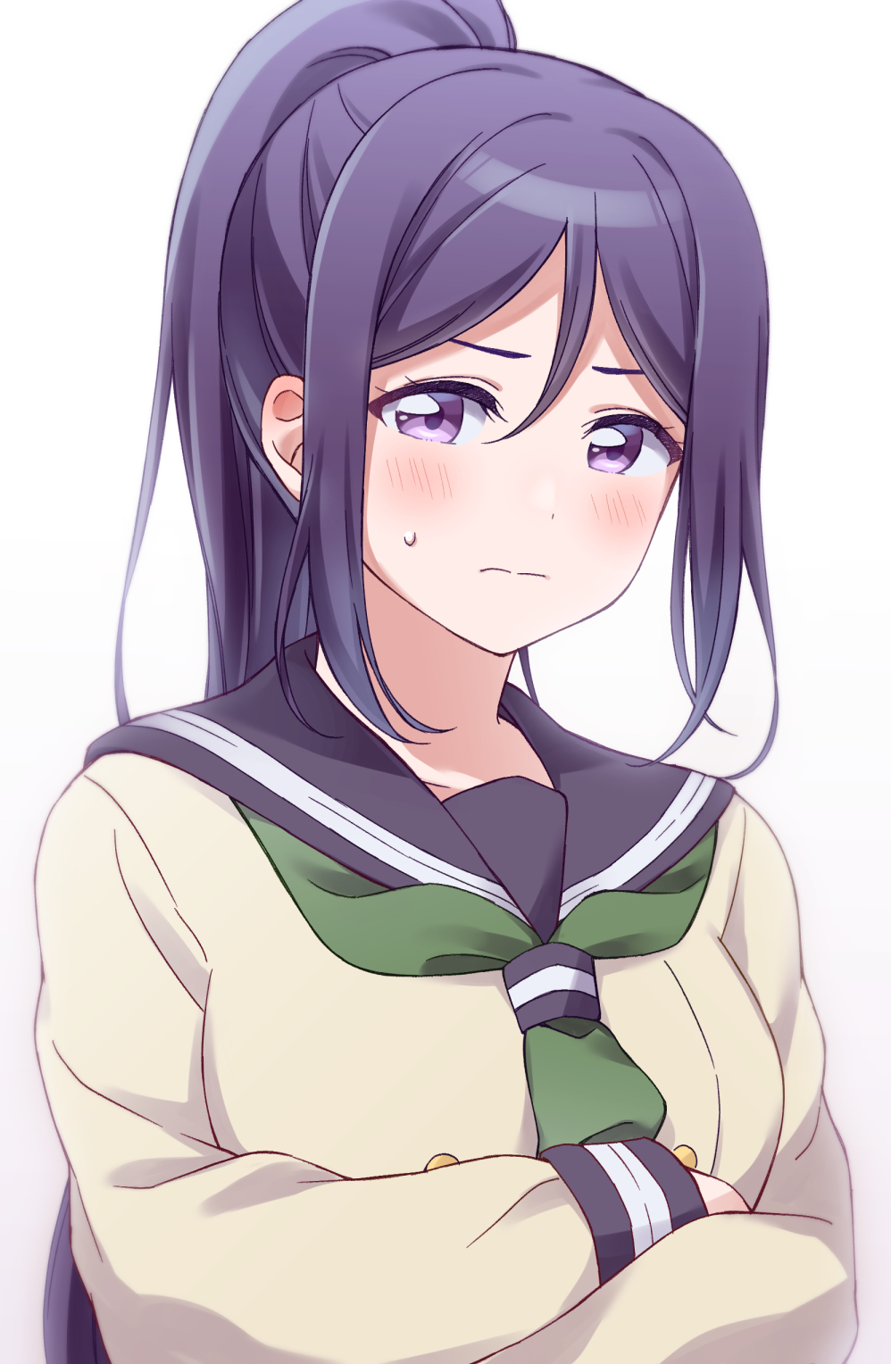 1girl arms_under_breasts bangs black_sailor_collar blush breasts buttons closed_mouth crossed_arms double-breasted gradient gradient_background green_neckwear grey_background hair_between_eyes high_ponytail highres long_hair long_sleeves looking_at_viewer love_live! love_live!_sunshine!! matsuura_kanan medium_breasts neckerchief parted_bangs ponytail purple_hair sailor_collar school_uniform serafuku shirt sidelocks solo surufuji sweatdrop upper_body uranohoshi_school_uniform violet_eyes white_background winter_uniform yellow_shirt