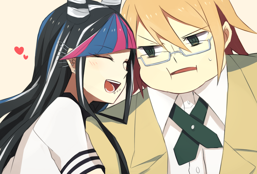 1boy 1girl :d aoki_shizumi bangs black_hair blonde_hair blue_hair blunt_bangs brown_jacket closed_eyes commentary_request dangan_ronpa_(series) dangan_ronpa_2:_goodbye_despair dress_shirt fat fat_man glasses grey_background hair_horns heart jacket long_hair looking_at_another medium_hair mioda_ibuki multicolored_hair necktie open_clothes open_jacket open_mouth pink_hair portrait school_uniform shirt short_sleeves simple_background smile teeth togami_byakuya_(dangan_ronpa_2) white_hair white_shirt