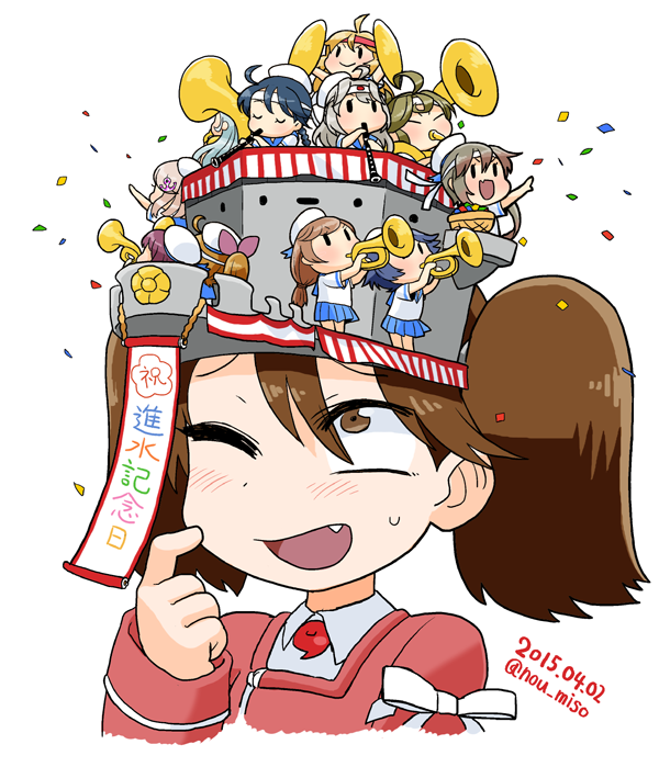 6+girls :d blush brown_hair character_request confetti dated dot_nose embarrassed fairy_(kancolle) fang finger_to_mouth hand_up hat instrument jacket kantai_collection long_sleeves looking_up medium_hair minigirl multiple_girls music noumiso one_eye_closed open_mouth pink_jacket playing_instrument ribbon ryuujou_(kancolle) simple_background smile solo_focus tomoe_(symbol) trumpet tuba twintails twitter_username white_background white_ribbon