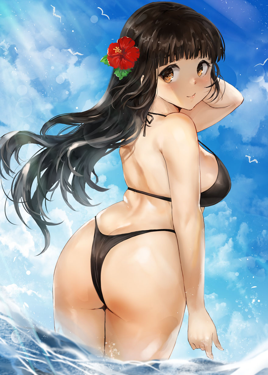 1girl ass bare_arms bare_legs bare_shoulders bikini black_bikini black_hair blush breasts brown_eyes closed_mouth day flower from_behind hair_flower hair_ornament highres kantai_collection large_breasts long_hair looking_back myoukou_(kancolle) red_flower smile solo swimsuit toka_(marchlizard)