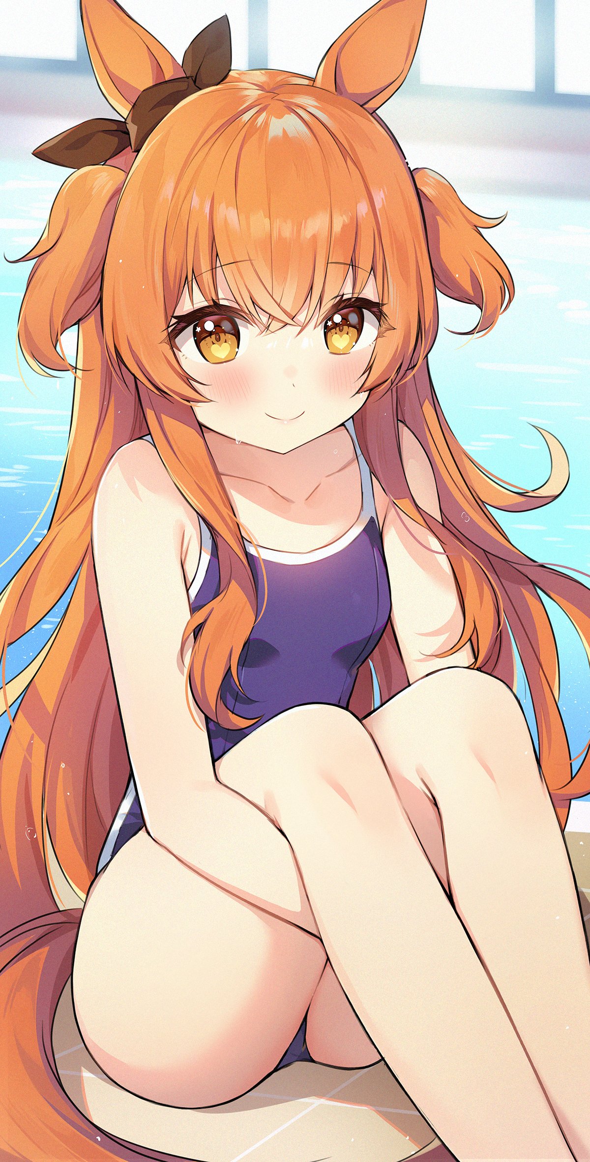 1girl animal_ears ayamy bangs blue_swimsuit blush brown_ribbon closed_mouth collarbone ear_ribbon eyebrows_visible_through_hair heart heart-shaped_pupils highres horse_ears horse_girl horse_tail legs long_hair looking_at_viewer mayano_top_gun_(umamusume) one-piece_swimsuit orange_hair pool ribbon sitting smile solo swimsuit symbol-shaped_pupils tail twintails two_side_up umamusume water yellow_eyes