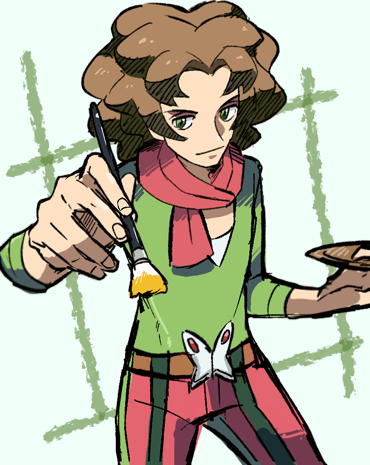 1boy bangs belt brown_hair burgh_(pokemon) closed_mouth green_eyes green_shirt gym_leader holding holding_paintbrush kokesa_kerokero male_focus paintbrush palette pants parted_bangs pink_scarf pokemon pokemon_(game) pokemon_bw scarf shirt sketch sleeves_past_elbows solo striped v-neck vertical-striped_pants vertical_stripes