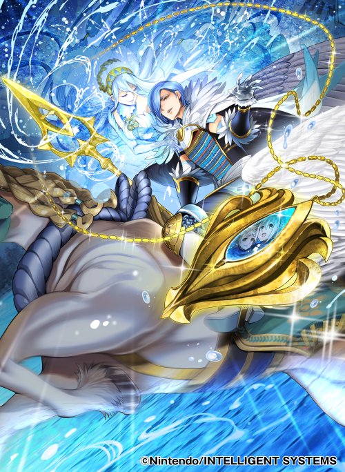 1boy 1girl azura_(fire_emblem) azura_(fire_emblem)_(cosplay) bangs blue_hair breasts company_name cosplay fire_emblem fire_emblem_cipher holding holding_weapon horseback_riding kana_(fire_emblem) long_hair official_art riding shigure_(fire_emblem) toyota_saori weapon