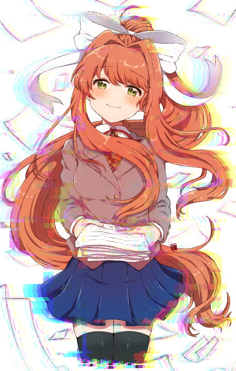 1girl black_legwear blazer bow brown_hair doki_doki_literature_club eyes_visible_through_hair facing_viewer glitch green_eyes highres jacket long_hair looking_at_viewer monika_(doki_doki_literature_club) over-kneehighs ponytail school_uniform smile sogi_mi solo thigh-highs very_long_hair white_bow