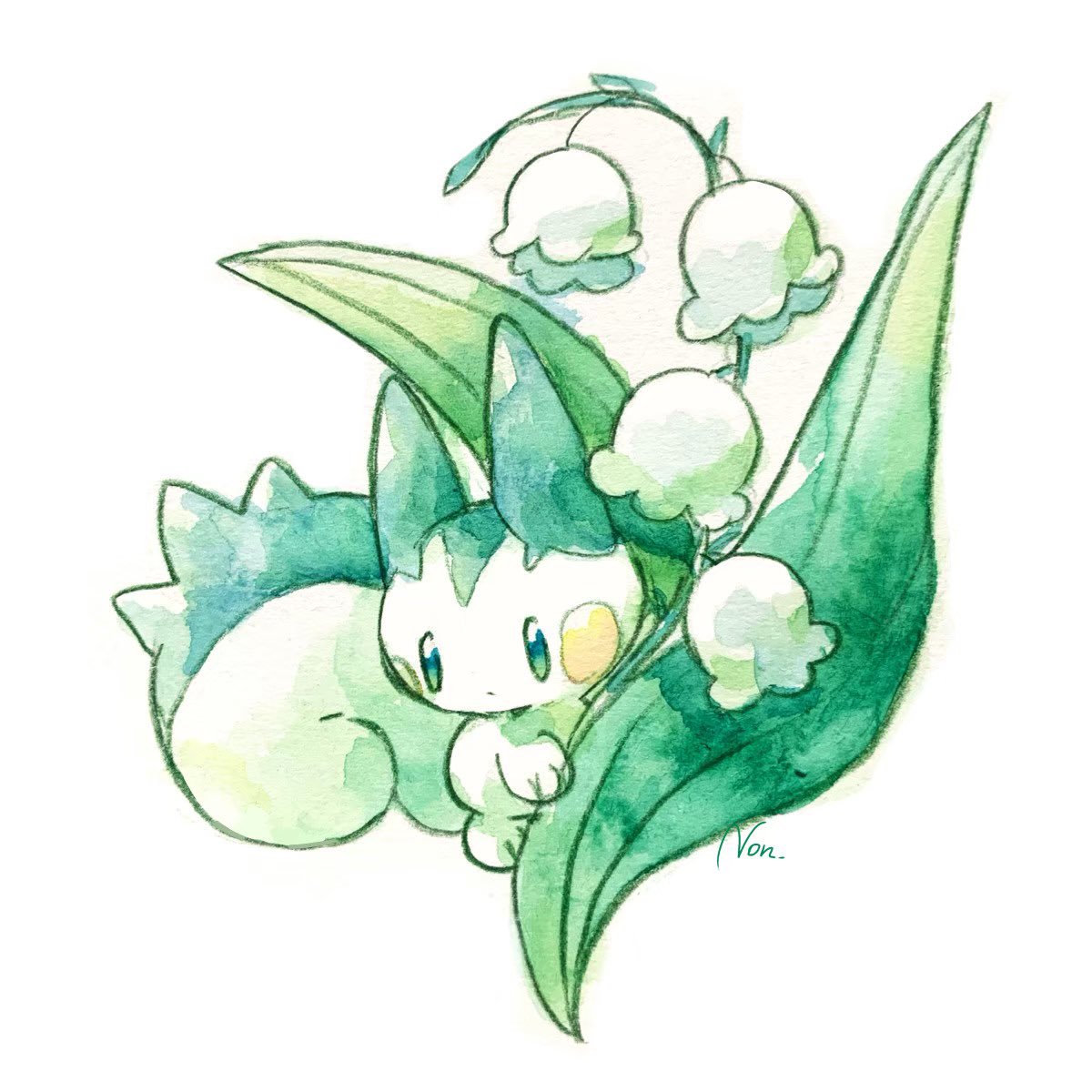 creature gen_4_pokemon green_eyes highres holding holding_leaf leaf looking_back no_humans non_(kumakawayusu) pachirisu pokemon pokemon_(creature) signature solo standing toes white_background