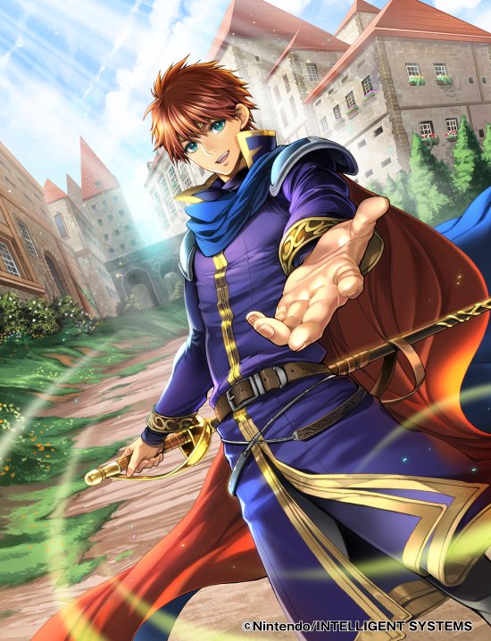 1boy armor blue_eyes building eliwood_(fire_emblem) fire_emblem fire_emblem:_the_blazing_blade fire_emblem_cipher holding holding_sword holding_weapon official_art open_mouth outdoors outstretched_arm redhead sword town toyota_saori weapon