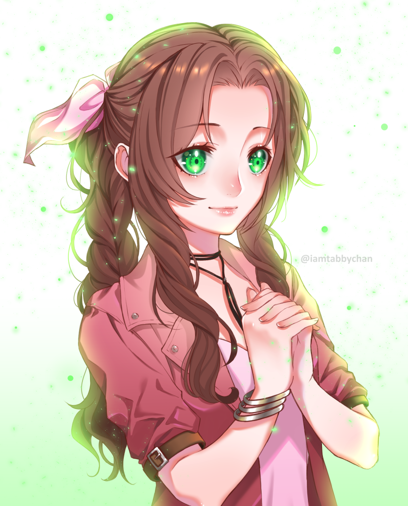 1girl aerith_gainsborough bangs black_ribbon bow bracelet brown_hair choker closed_mouth eyebrows_visible_through_hair final_fantasy final_fantasy_vii green_eyes hair_bow hair_intakes hands_clasped jacket jewelry long_hair open_clothes open_jacket own_hands_together pink_bow pink_shirt red_jacket ribbon ribbon_choker shiny shiny_hair shirt short_sleeves smile solo tabby_chan upper_body white_background