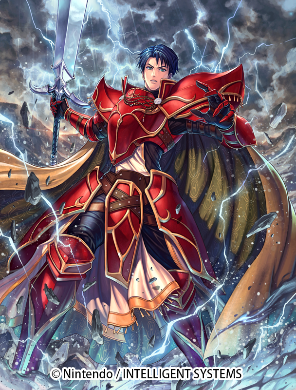 armor armored_boots bangs blue_eyes blue_hair boots cape company_name debris electricity fire_emblem fire_emblem:_radiant_dawn fire_emblem_cipher gloves holding holding_sword holding_weapon izuka_daisuke official_art outdoors shoulder_armor sword weapon zelgius_(fire_emblem)