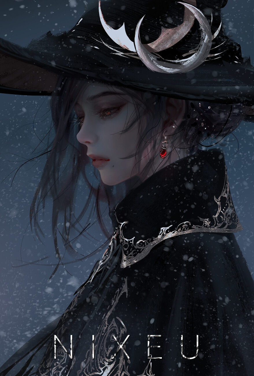 1girl artist_name black_cape black_hair cape earrings hat highres jewelry looking_down mole mole_under_mouth moon_(ornament) nixeu original red_eyes silver_trim snow witch_hat