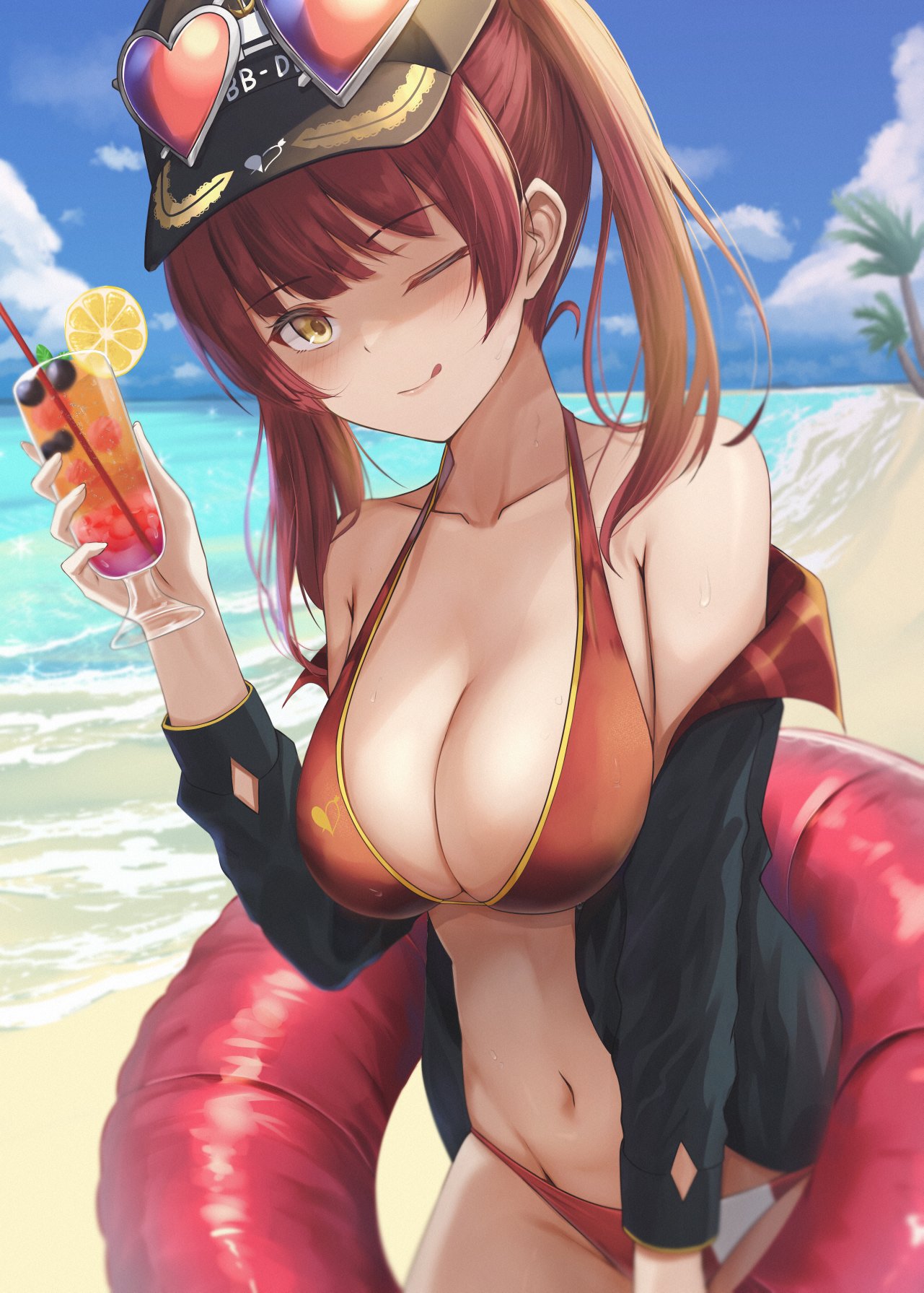 1girl ;) bangs beach bikini black_headwear blue_sky breasts clouds commentary_request cup day drink eyebrows_visible_through_hair eyewear_on_headwear food fruit glass hat heart heart-shaped_eyewear highres holding holding_cup hololive houshou_marine large_breasts lemon lemon_slice looking_at_viewer navel ocean one_eye_closed outdoors red_bikini redhead short_hair sky smile solo sunglasses swimsuit twintails virtual_youtuber yamikyon yellow_eyes