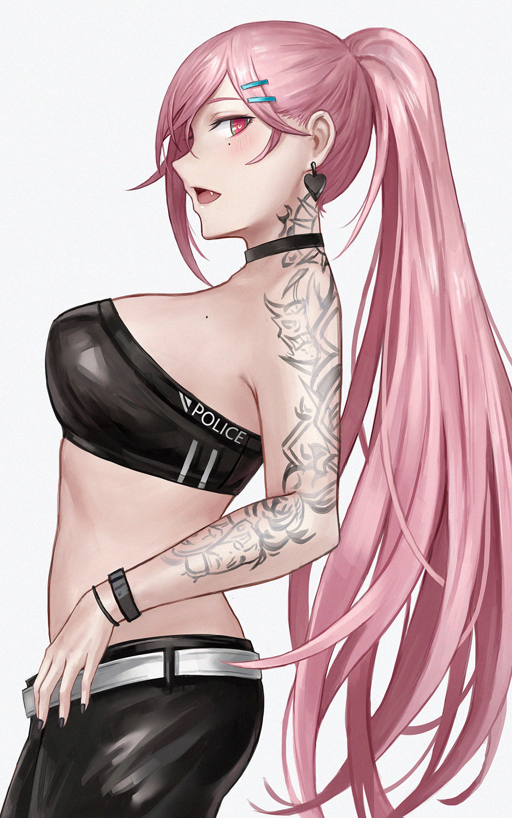 1girl bangs belt black_choker black_pants blush breasts choker earrings from_side girls_frontline hair_ornament hairclip heart heart-shaped_pupils highres jewelry large_breasts long_hair mole mole_under_eye open_mouth pants pink_hair ponytail red_eyes selcky sig_mcx_(girls_frontline) simple_background smile solo spade_(shape) spade_earrings symbol-shaped_pupils tattoo white_background white_belt