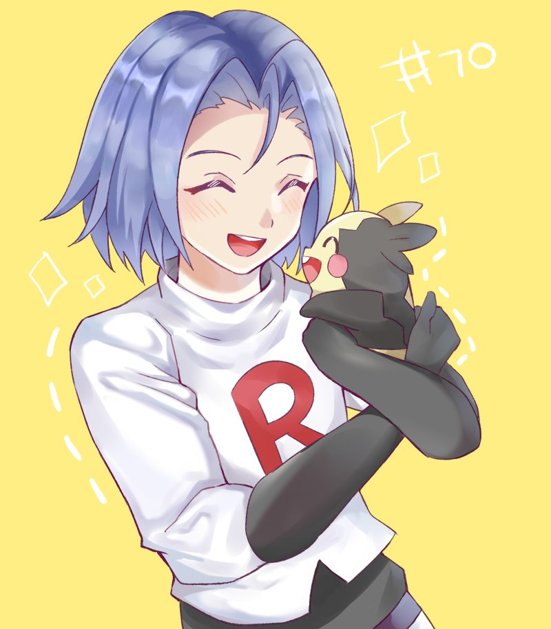 1boy carrying closed_eyes gen_8_pokemon happy james_(pokemon) momosuzurina morpeko pokemon pokemon_(anime) pokemon_(creature) smile team_rocket yellow_background