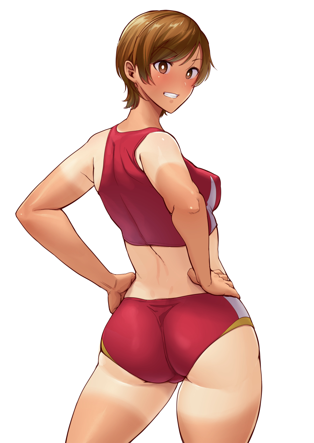 1girl ac_butsupa ass back breasts brown_hair covered_nipples eyebrows_visible_through_hair grin hands_on_hips highres looking_back medium_breasts original short_hair sideboob smile solo standing tan tanline tomboy track_uniform