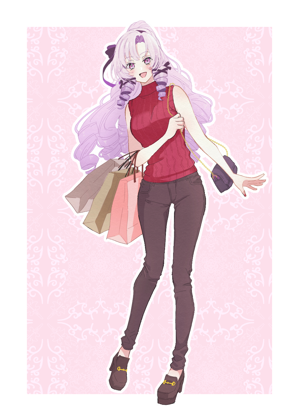 +_+ 1girl :d arime_hotaru bag bangs blush denim drill_hair hair_ribbon hairband handbag high_heels highres holding holding_bag hyakumantenbara_salome jeans long_hair nijisanji open_mouth pants parted_bangs purple_hair ribbon shopping_bag sleeveless sleeveless_sweater sleeveless_turtleneck smile solo sweater turtleneck turtleneck_sweater very_long_hair violet_eyes virtual_youtuber