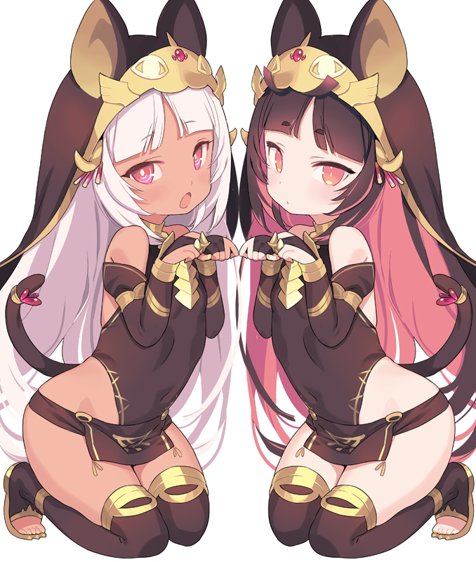 2girls animal_ears bangs bare_shoulders black_dress black_gloves black_hair black_legwear blade_(galaxist) bridal_gauntlets cat_ears cat_girl cat_tail character_request closed_mouth commentary_request covered_navel dark-skinned_female dark_skin dress eyebrows_visible_through_hair fingerless_gloves gloves hands_up kneeling long_hair looking_at_viewer multicolored_hair multiple_girls nekoyama_nae open_mouth paw_pose pink_hair short_eyebrows single_glove sleeveless sleeveless_dress tail thick_eyebrows toeless_legwear toranoana two-tone_hair very_long_hair virtual_youtuber white_background white_hair