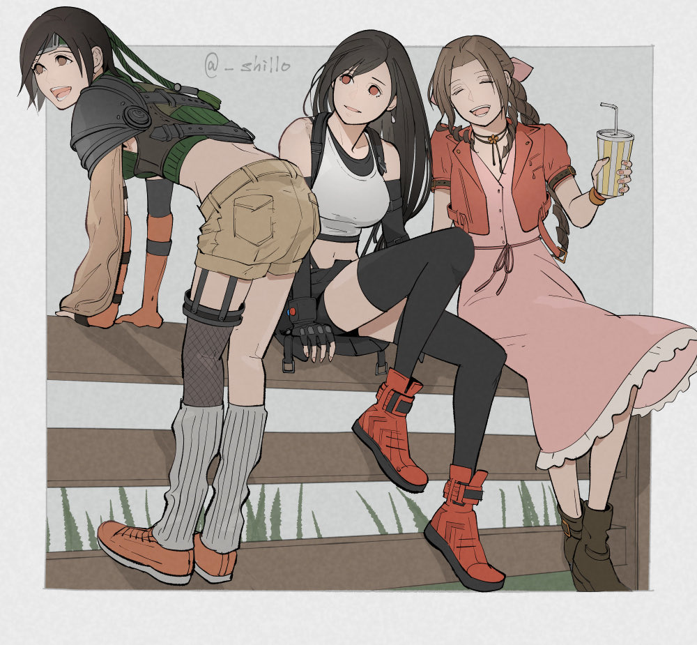 3girls :d aerith_gainsborough armor artist_name bangs black_gloves breasts brown_hair brown_shorts commentary_request crop_top cup disposable_cup dress fence final_fantasy final_fantasy_vii final_fantasy_vii_remake fingerless_gloves gloves green_shirt jacket long_hair medium_breasts multiple_girls open_mouth parted_bangs pink_dress red_jacket shillo shirt short_hair shorts shoulder_armor sitting skirt small_breasts smile soda straw suspender_skirt suspenders teeth tifa_lockhart twitter_username yuffie_kisaragi