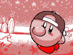 :d baseball_cap blue_eyes commentary dancing english_commentary flipnote_studio_(medium) french_commentary hat keke_(kokorokeke) kirby looking_at_viewer lowres mixed-language_commentary nintendo open_mouth pink_theme smile solo