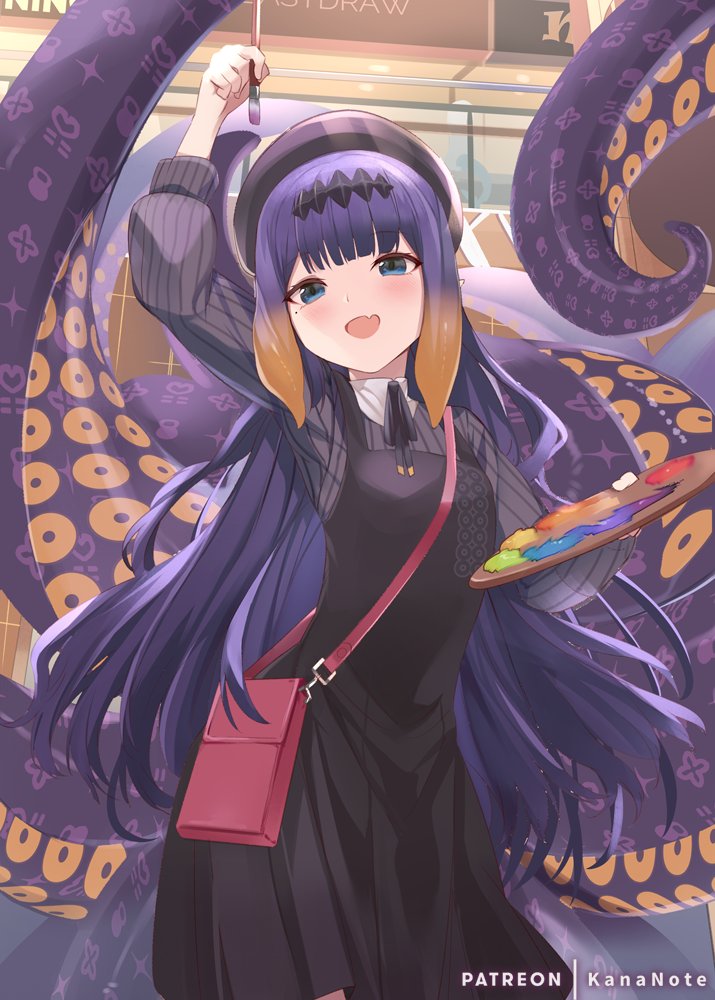 1girl bangs blue_eyes blunt_bangs blush gloves hololive hololive_english kananote long_hair looking_at_viewer mole mole_under_eye multicolored_hair ninomae_ina'nis open_mouth paintbrush pointy_ears purple_hair smile solo tentacle_hair tentacles virtual_youtuber