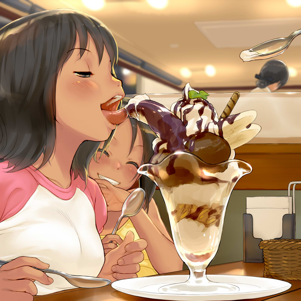 3girls ^_^ banana_split basket black_eyes black_hair blush booth ceiling chocolate_syrup clenched_teeth closed_eyes food from_side grin half-closed_eyes hand_to_own_mouth holding holding_spoon ice_cream indoors kikurage_(crayon_arts) licking multiple_girls napkin open_mouth original parfait plate raglan_sleeves restaurant sexually_suggestive short_hair smile spoon sundae teeth tongue tongue_out wafer_stick whipped_cream