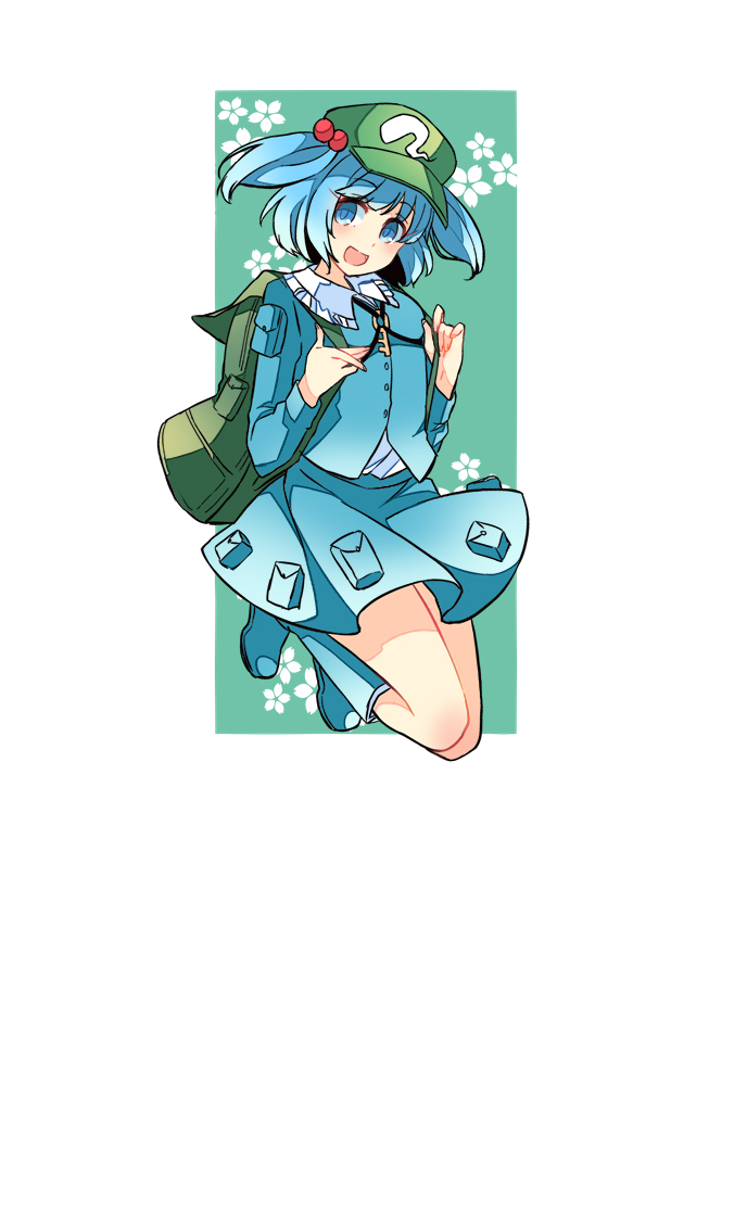 1girl :d backpack bag bangs blue_eyes blue_footwear blue_hair blue_jacket blue_skirt boots border eyebrows_visible_through_hair flat_cap floral_background green_background green_bag green_headwear hair_bobbles hair_ornament hat haya_taro_pochi jacket kawashiro_nitori key legs_up long_sleeves looking_at_viewer open_mouth pocket short_hair skirt smile solo touhou twintails white_border