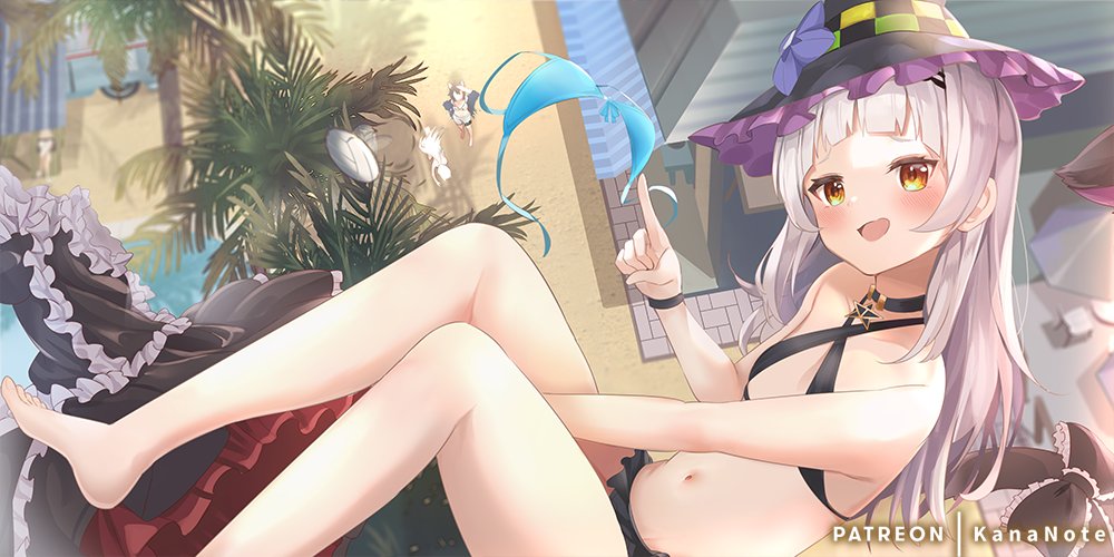 1girl bangs beach bikini black_bikini blush breasts hat hololive kananote long_hair looking_at_viewer murasaki_shion navel open_mouth silver_hair smile solo swimsuit virtual_youtuber yellow_eyes