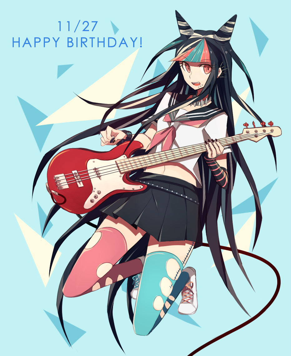 1girl :o aoki_shizumi black_hair blue_legwear commentary_request dangan_ronpa_(series) dangan_ronpa_2:_goodbye_despair dated ear_piercing gloves guitar hair_cones hair_horns happy_birthday holding instrument jewelry long_hair mioda_ibuki mismatched_legwear multicolored_hair navel piercing pink_eyes pink_hair pleated_skirt red_eyes red_legwear revision scar school_uniform serafuku single_glove skirt smile solo striped thigh-highs torn_clothes torn_legwear