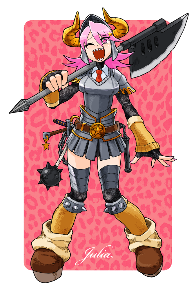 1girl :d adapted_costume armor bodysuit boobplate boots border breastplate collared_shirt fingerless_gloves full_body gloves helmet holding holding_weapon horns knee_pads long_hair looking_at_viewer miniskirt necktie noumiso one_eye_closed open_mouth over_shoulder pink_background pink_eyes pink_hair pixiv_fantasia pixiv_fantasia_t pleated_skirt polearm red_neckwear ringed_eyes school_uniform sharp_teeth shirt skirt smile solo spiked_kneepads spikes standing teeth thigh-highs weapon weapon_over_shoulder white_border wing_collar zettai_ryouiki