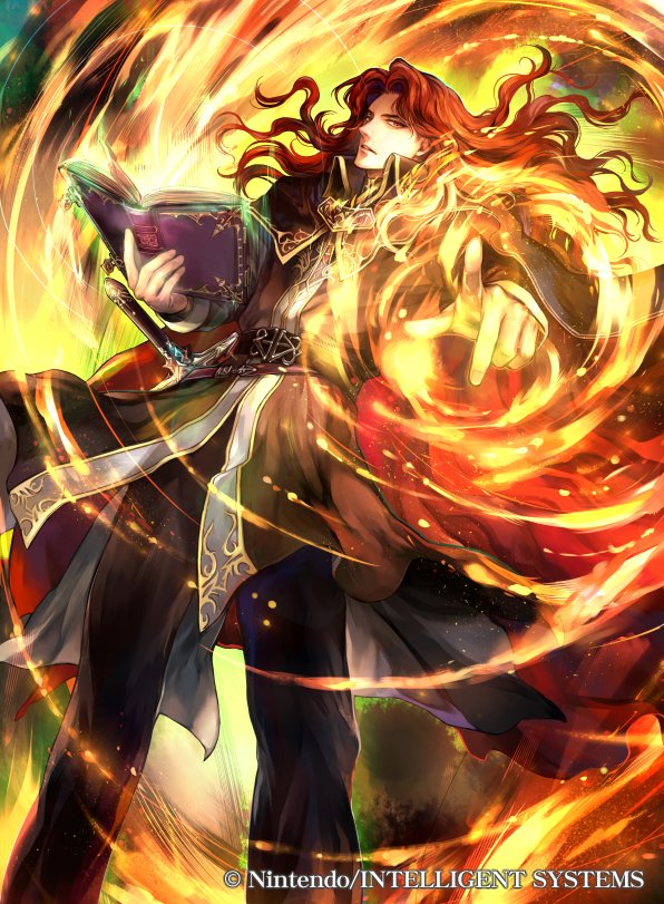 1boy alvis_(fire_emblem) book company_name fire fire_emblem fire_emblem:_genealogy_of_the_holy_war fire_emblem_cipher full_body holding holding_book holding_weapon looking_at_viewer magic official_art red_eyes redhead wada_sachiko weapon