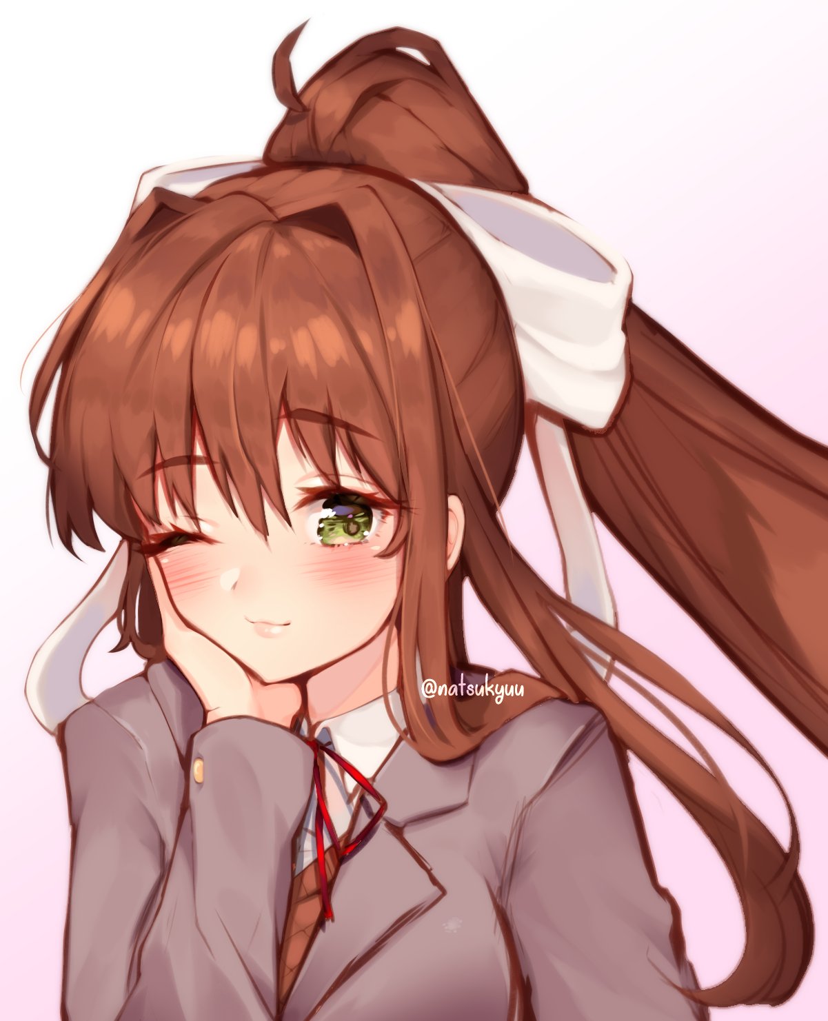 1girl ;) artist_name bangs blazer blush bow brown_hair closed_mouth doki_doki_literature_club eyebrows_visible_through_hair green_eyes highres jacket long_hair looking_at_viewer monika_(doki_doki_literature_club) natsukyu one_eye_closed ponytail school_uniform smile solo white_bow