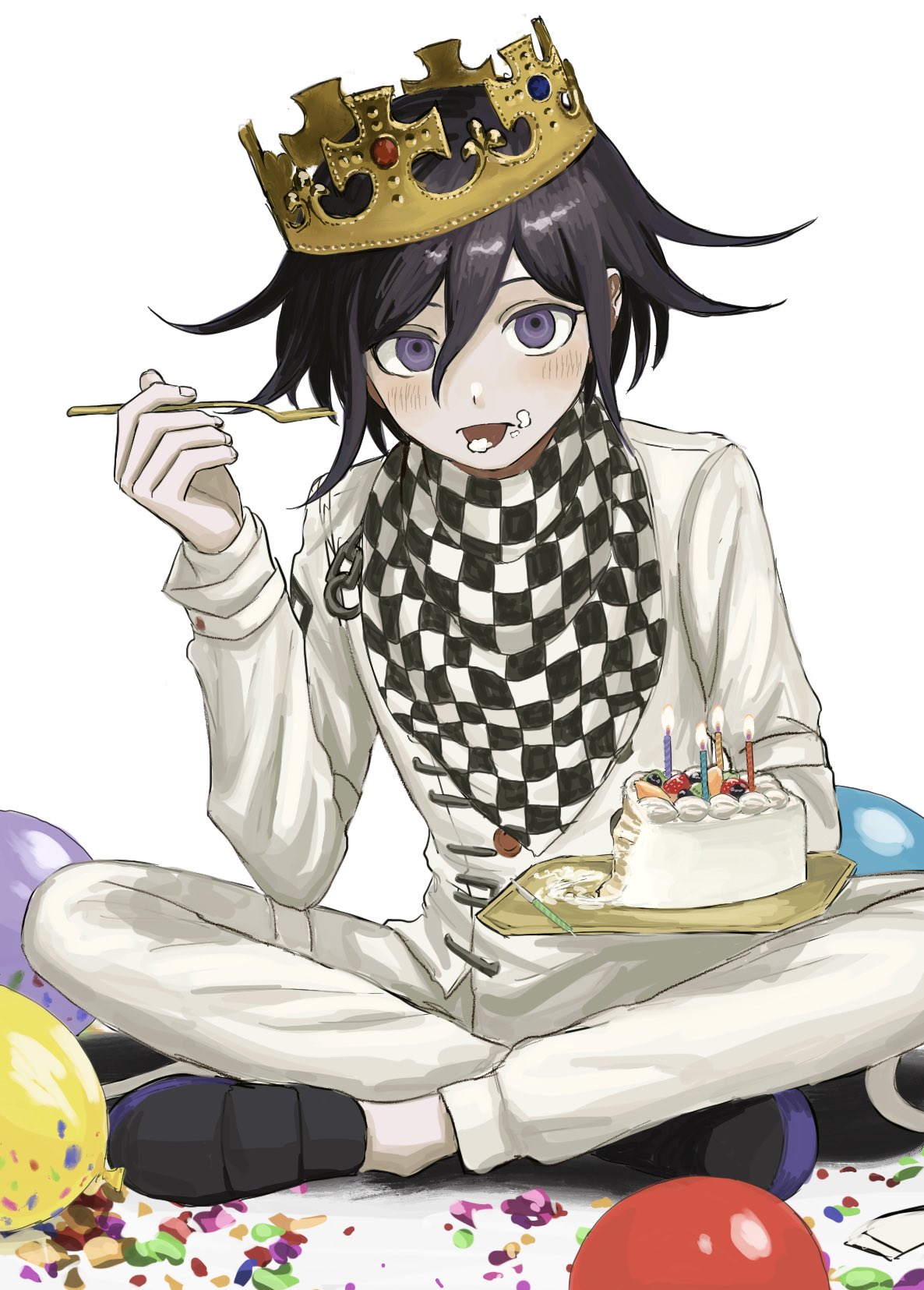 1boy balloon black_footwear black_hair cake candle checkered checkered_scarf crown dangan_ronpa_(series) dangan_ronpa_v3:_killing_harmony eating flipped_hair food food_on_face fork fruit grey_jacket grey_pants highres indian_style jacket long_sleeves looking_at_viewer male_focus open_mouth ouma_kokichi pants renshu_usodayo scarf short_hair simple_background sitting smile solo straitjacket tongue tongue_out violet_eyes white_background