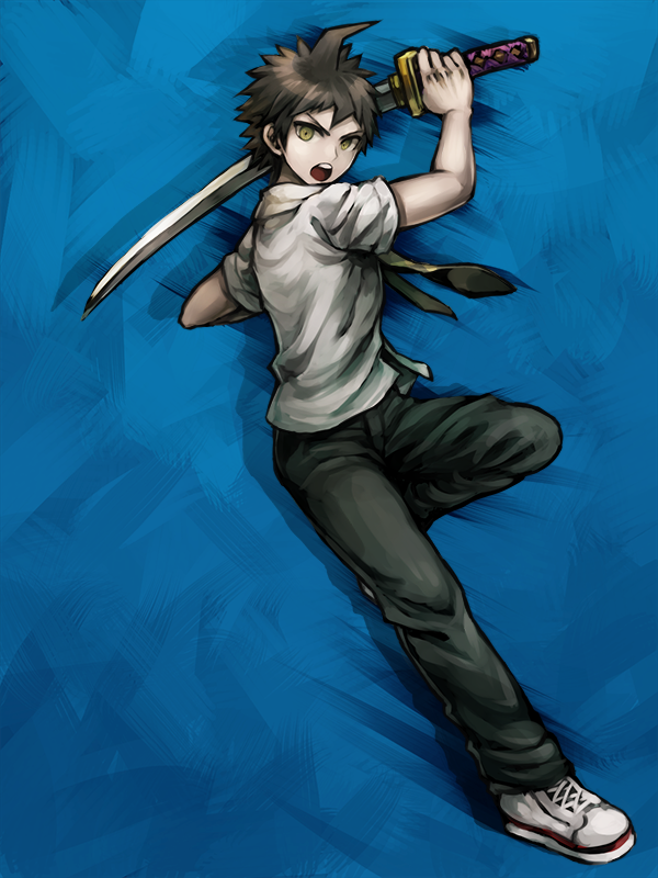 1boy :o ahoge bangs black_pants blue_background brown_hair commentary_request dangan_ronpa_(series) dangan_ronpa_2:_goodbye_despair full_body hinata_hajime holding holding_sword holding_weapon katana looking_at_viewer male_focus necktie open_mouth pants sasa_(sabamisoni33) shirt shoes short_hair short_sleeves solo sword teeth upper_teeth weapon white_footwear