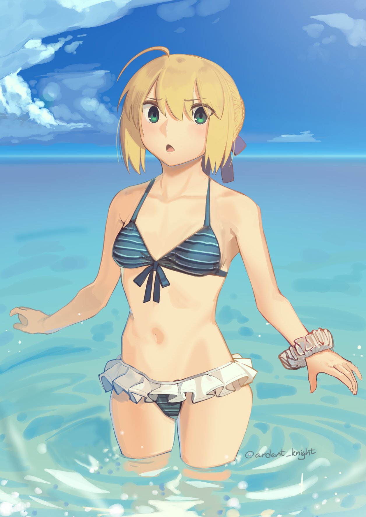 1girl ahoge artoria_pendragon_(all) bikini blonde_hair blue_ribbon blue_sky boa_(brianoa) clouds day english_commentary fate/stay_night fate_(series) flat_chest frilled_bikini frills green_bikini green_eyes hair_ribbon highres horizon ocean open_mouth outdoors ribbon saber scrunchie sky soaking_feet solo standing striped striped_bikini swimsuit tied_hair triangle_mouth water