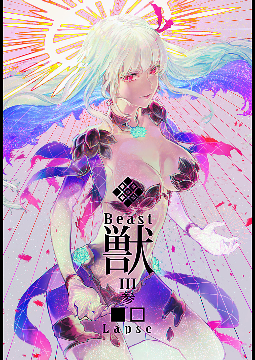 1girl bare_shoulders breasts demon_girl earrings fate/grand_order fate_(series) fingernails flower hair_ribbon halo highres jewelry kama_(fate) long_hair looking_at_viewer lotus lunaticplus0 multicolored_hair red_eyes revealing_clothes ribbon sharp_fingernails very_long_hair white_hair