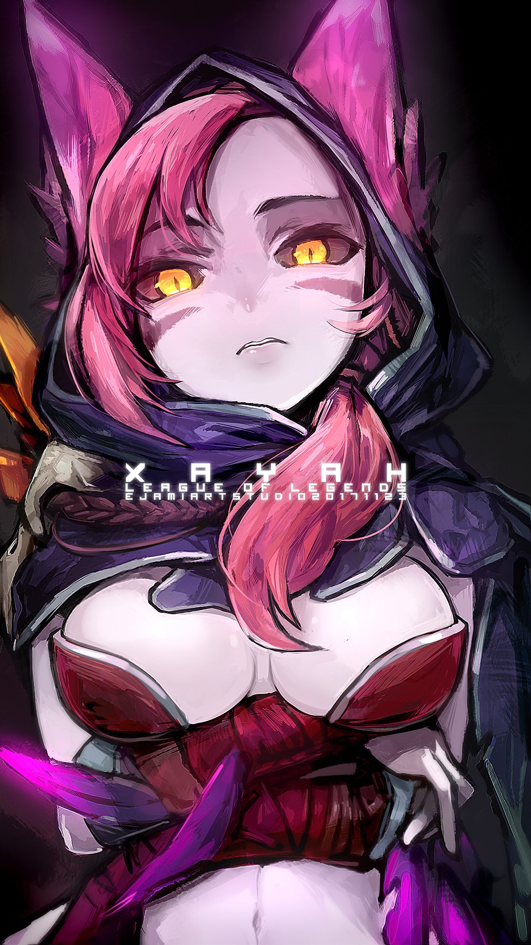 1girl animal_ears breasts chinese_commentary commentary_request ejami facial_mark highres hood league_of_legends long_hair looking_at_viewer simple_background solo xayah yellow_eyes