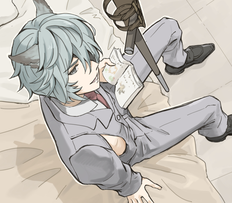 1boy animal_ears bangs bed blue_eyes blue_hair book erune formal gloves granblue_fantasy hair_between_eyes jacket looking_at_viewer male_focus mint_(kiri0120) necktie nehan_(granblue_fantasy) on_bed open_mouth shirt sitting sitting_on_bed smile solo