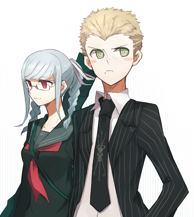 1boy 1girl aoki_shizumi bangs black_jacket black_neckwear blonde_hair blush_stickers braid collared_shirt commentary_request dangan_ronpa_(series) dangan_ronpa_2:_goodbye_despair formal freckles frown glasses green_eyes hair_ribbon hands_in_pockets jacket kuzuryuu_fuyuhiko long_hair neckerchief necktie open_clothes open_jacket pekoyama_peko red_eyes ribbon school_uniform serafuku shirt short_hair silver_hair simple_background skirt smile striped_jacket twin_braids weapon white_background