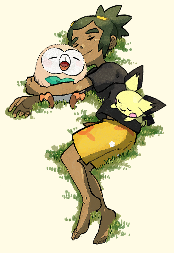 1boy barefoot black_shirt closed_eyes closed_mouth dark-skinned_male dark_skin floral_print gen_2_pokemon gen_7_pokemon grass green_hair hau_(pokemon) holding holding_pokemon hug kokesa_kerokero legs_together lying male_focus on_side orange_shorts pichu pokemon pokemon_(creature) pokemon_(game) pokemon_sm rowlet shirt short_hair short_ponytail short_sleeves shorts sleeping smile starter_pokemon toes