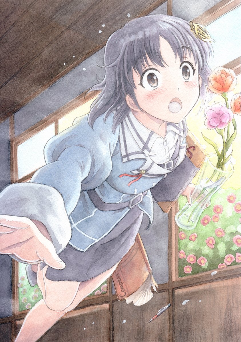 1girl blue_hair book brown_eyes flower flower_pot haguro_(kancolle) hair_ornament highres kantai_collection nijiboushi open_mouth pen room school_uniform short_hair stumbling traditional_media uniform watercolor_(medium) window