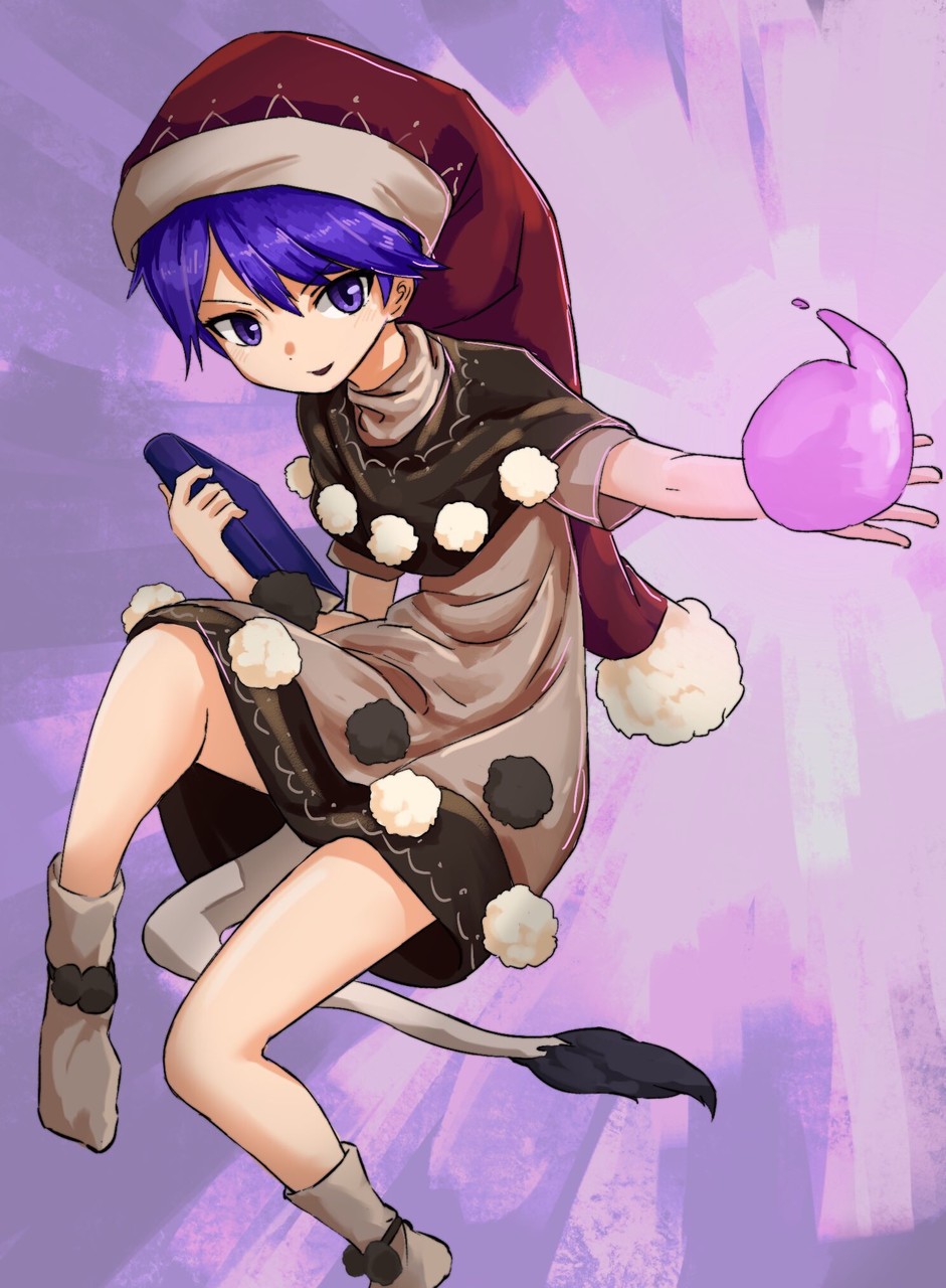 1girl bangs black_capelet book capelet commentary_request doremy_sweet dream_soul dress eyebrows_visible_through_hair full_body hair_between_eyes hat highres holding holding_book looking_at_viewer nightcap nob1109 open_mouth pom_pom_(clothes) purple_hair short_hair short_sleeves socks solo tail tapir_tail touhou violet_eyes white_dress white_legwear