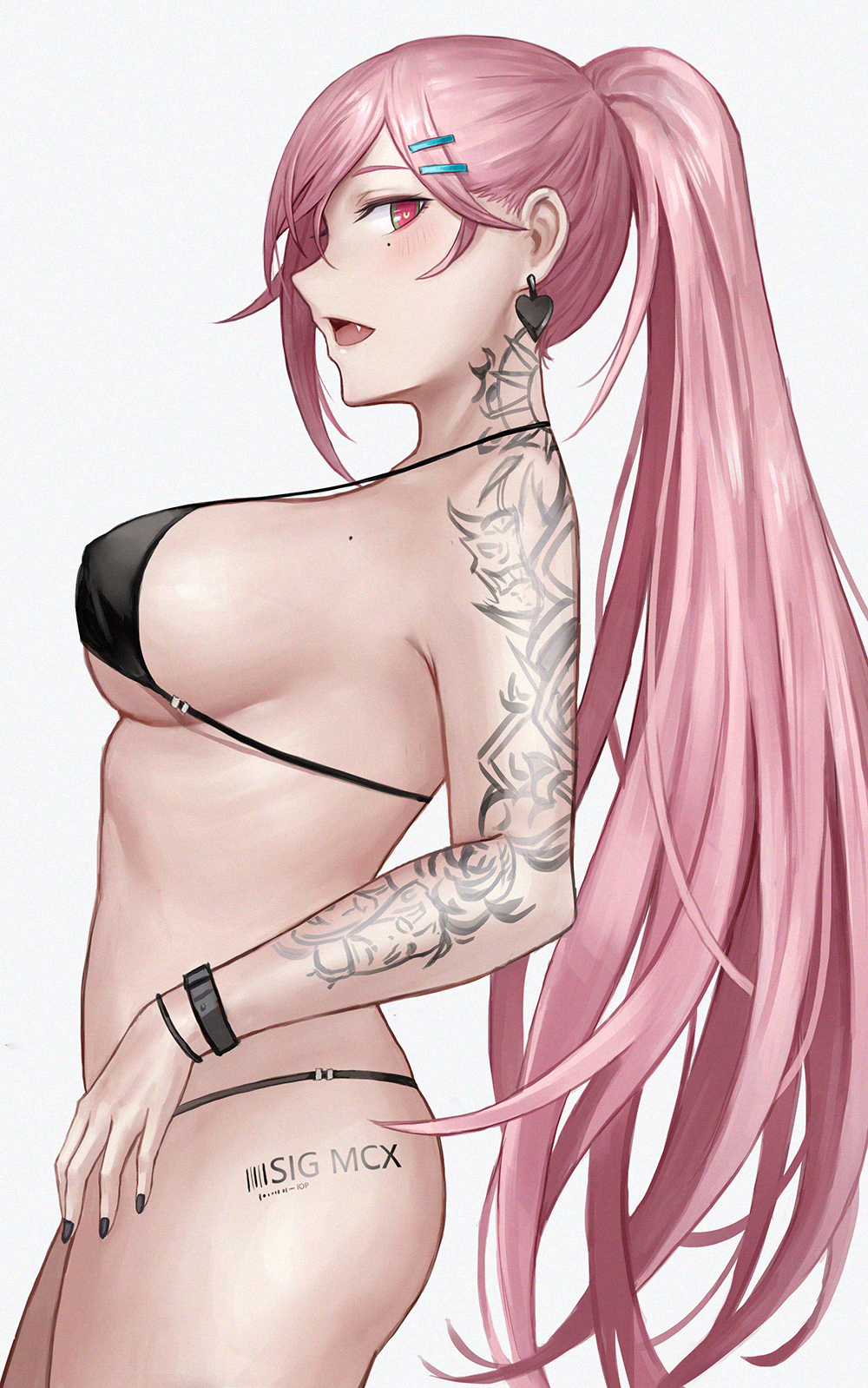 1girl bangs bikini black_bikini blush breasts earrings from_side girls_frontline hair_ornament hairclip heart heart-shaped_pupils highres jewelry large_breasts long_hair mole mole_under_eye open_mouth pink_hair ponytail red_eyes selcky sideboob sig_mcx_(girls_frontline) simple_background smile solo spade_(shape) spade_earrings swimsuit symbol-shaped_pupils tattoo white_background